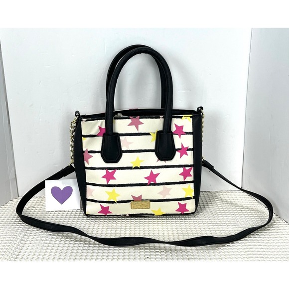 Betsey Johnson Crossbody Shoulder striped Stars Print Black & white Cloud - Picture 1 of 10
